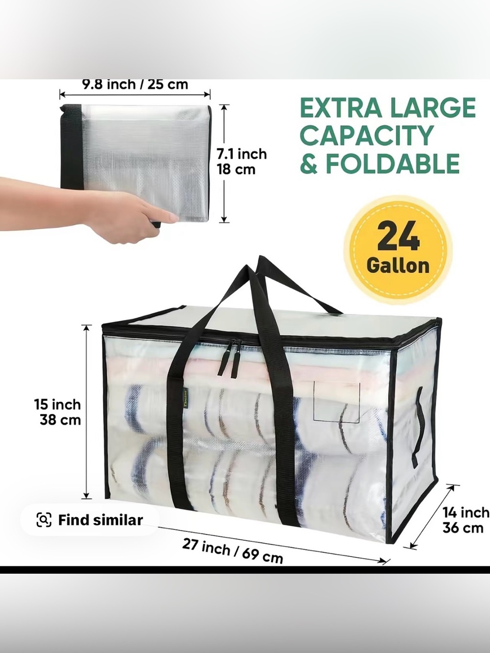 5 Foldable Clear Storage Bag with Black Handles - 24 Gallon